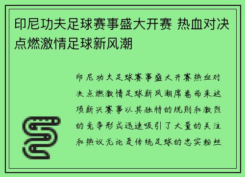 印尼功夫足球赛事盛大开赛 热血对决点燃激情足球新风潮
