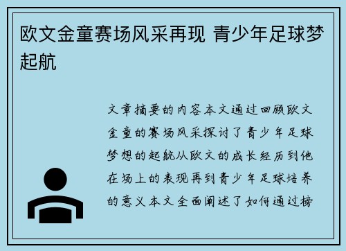 欧文金童赛场风采再现 青少年足球梦起航