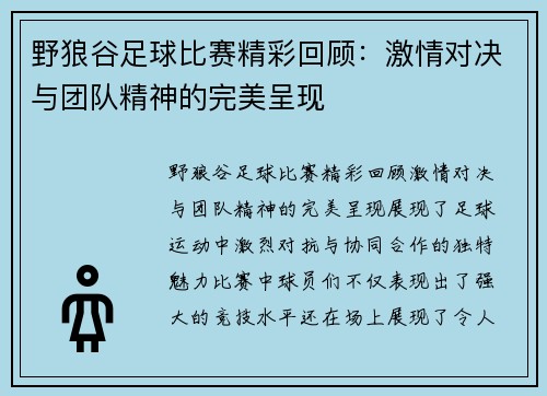 野狼谷足球比赛精彩回顾：激情对决与团队精神的完美呈现