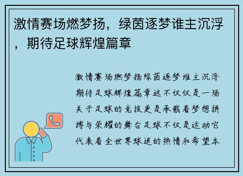 激情赛场燃梦扬，绿茵逐梦谁主沉浮，期待足球辉煌篇章