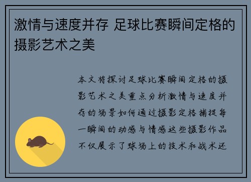 激情与速度并存 足球比赛瞬间定格的摄影艺术之美
