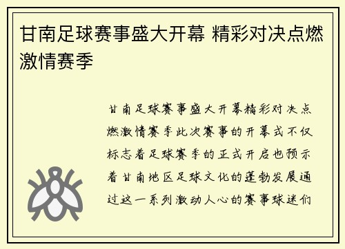 甘南足球赛事盛大开幕 精彩对决点燃激情赛季