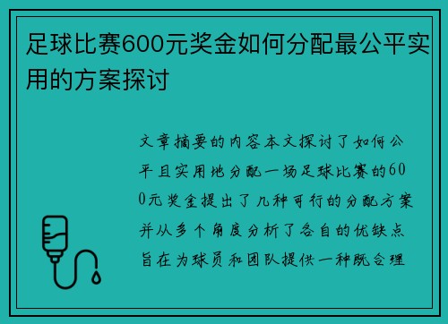 足球比赛600元奖金如何分配最公平实用的方案探讨