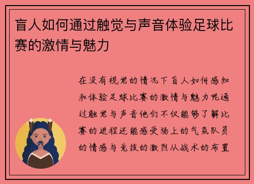 盲人如何通过触觉与声音体验足球比赛的激情与魅力