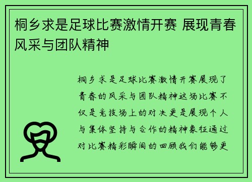 桐乡求是足球比赛激情开赛 展现青春风采与团队精神