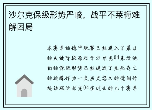 沙尔克保级形势严峻，战平不莱梅难解困局