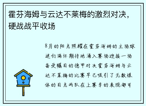 霍芬海姆与云达不莱梅的激烈对决，硬战战平收场