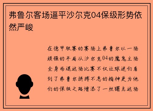 弗鲁尔客场逼平沙尔克04保级形势依然严峻