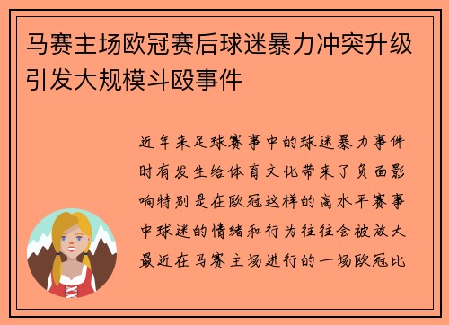 马赛主场欧冠赛后球迷暴力冲突升级引发大规模斗殴事件