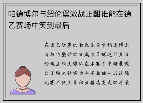 帕德博尔与纽伦堡激战正酣谁能在德乙赛场中笑到最后