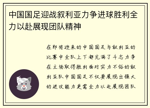 中国国足迎战叙利亚力争进球胜利全力以赴展现团队精神