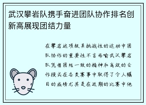 武汉攀岩队携手奋进团队协作排名创新高展现团结力量