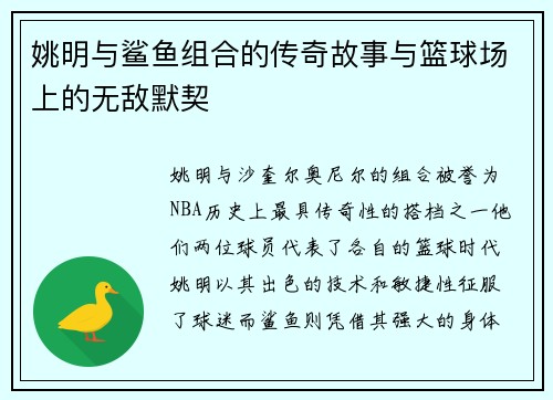 姚明与鲨鱼组合的传奇故事与篮球场上的无敌默契