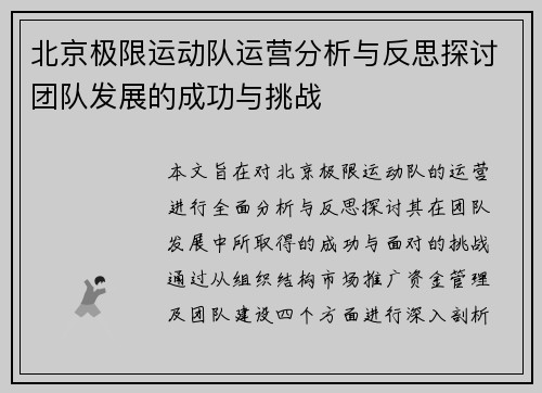 北京极限运动队运营分析与反思探讨团队发展的成功与挑战