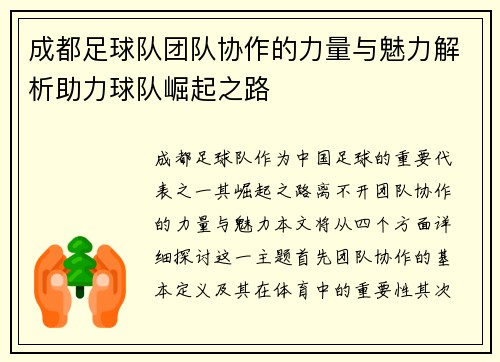 成都足球队团队协作的力量与魅力解析助力球队崛起之路