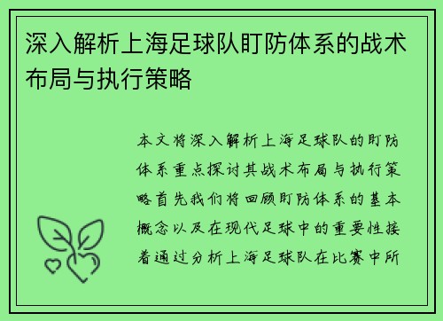 深入解析上海足球队盯防体系的战术布局与执行策略